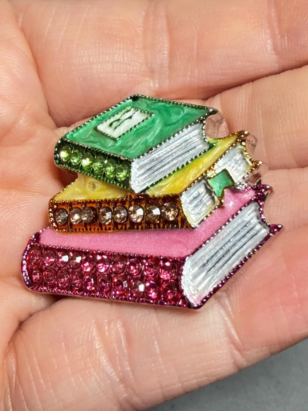 Book Lover Brooch Set Rhinestone I Love Books Stack Pendant Teacher